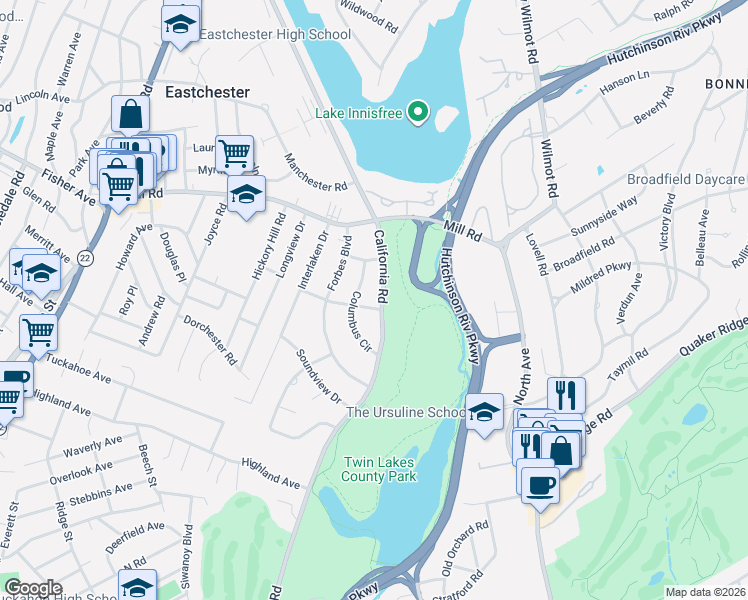map of restaurants, bars, coffee shops, grocery stores, and more near 7 Columbus Circle in Eastchester