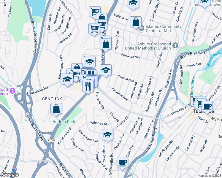 map of restaurants, bars, coffee shops, grocery stores, and more near 25 Algonquin Road in Yonkers