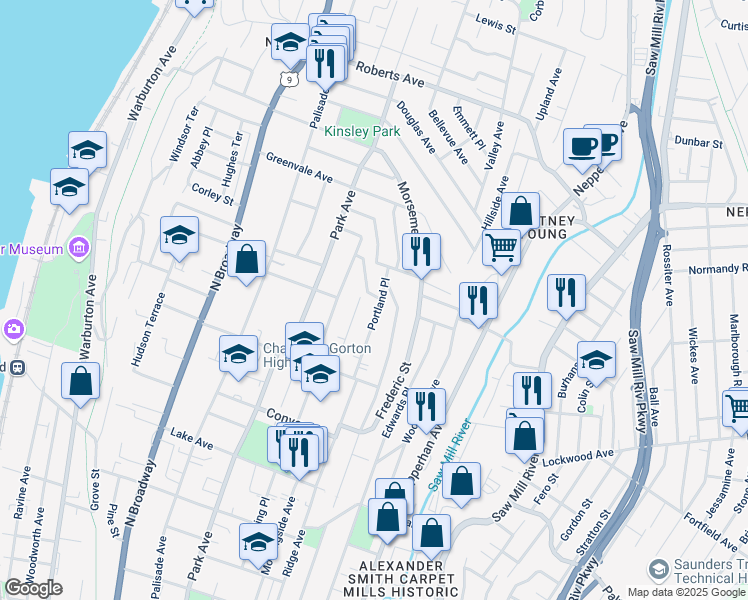 map of restaurants, bars, coffee shops, grocery stores, and more near 8 Eastview Avenue in Yonkers