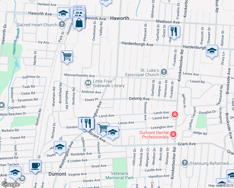 map of restaurants, bars, coffee shops, grocery stores, and more near 64 Pearl Street in Dumont