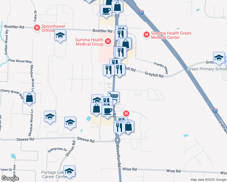 map of restaurants, bars, coffee shops, grocery stores, and more near 3978 Massillon Road in Uniontown