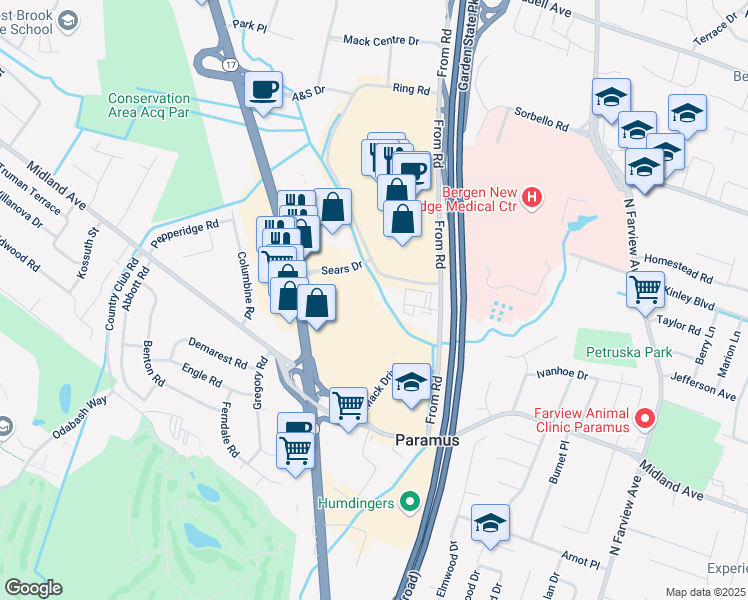 map of restaurants, bars, coffee shops, grocery stores, and more near 2 Sears Drive in Paramus