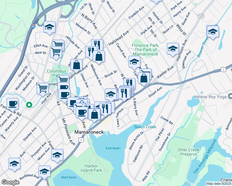 map of restaurants, bars, coffee shops, grocery stores, and more near 510 Pine Street in Mamaroneck