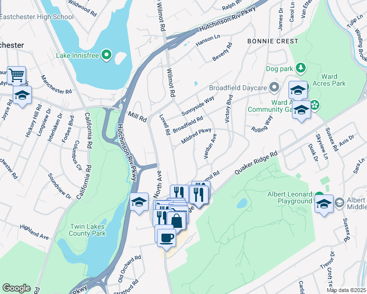 map of restaurants, bars, coffee shops, grocery stores, and more near 17 Mildred Parkway in New Rochelle