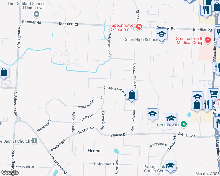 map of restaurants, bars, coffee shops, grocery stores, and more near 1302 Cherry Wood Way in Uniontown