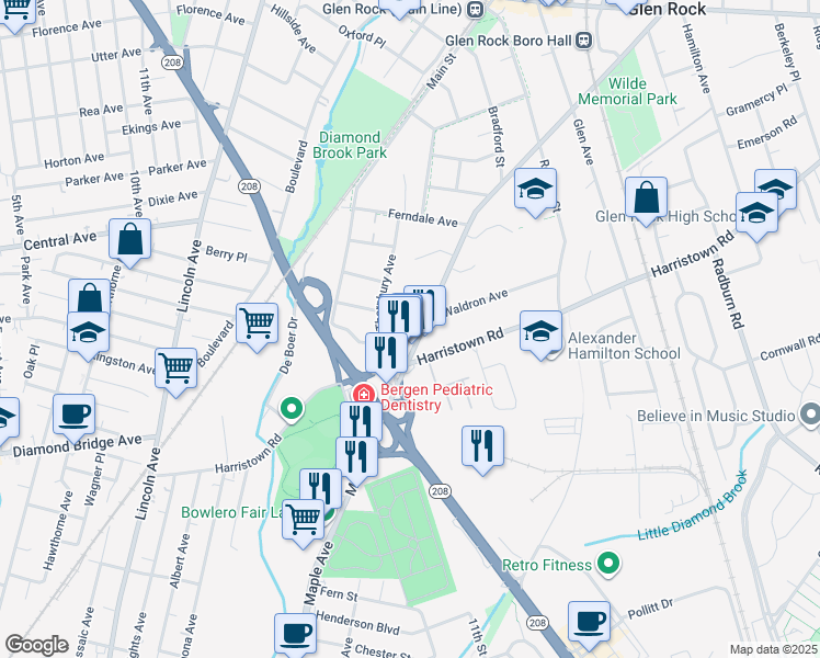 map of restaurants, bars, coffee shops, grocery stores, and more near 990 Maple Avenue in Glen Rock