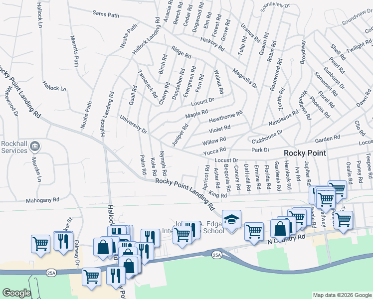 map of restaurants, bars, coffee shops, grocery stores, and more near 167 Locust Drive in Rocky Point