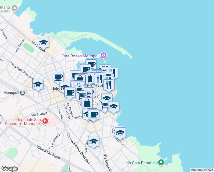map of restaurants, bars, coffee shops, grocery stores, and more near 28 Vico Pugliese in Monopoli