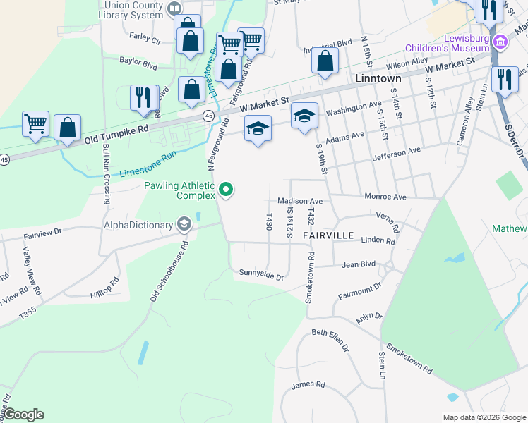 map of restaurants, bars, coffee shops, grocery stores, and more near 407 South 22nd Street in Lewisburg
