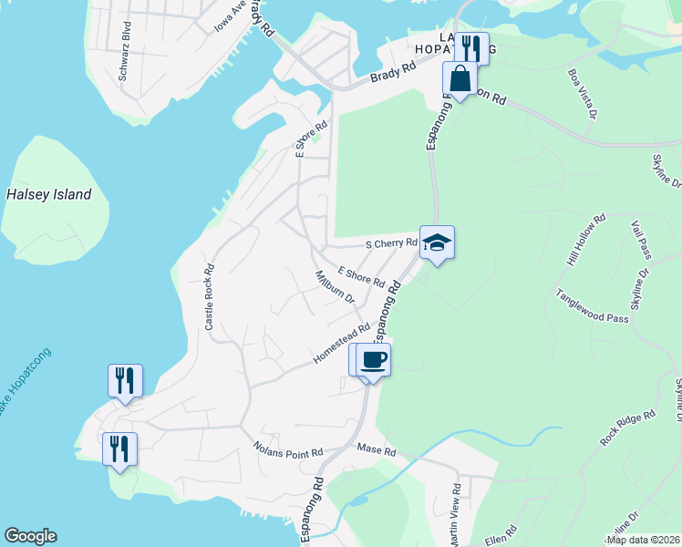 map of restaurants, bars, coffee shops, grocery stores, and more near 25 East Shore Road in Jefferson