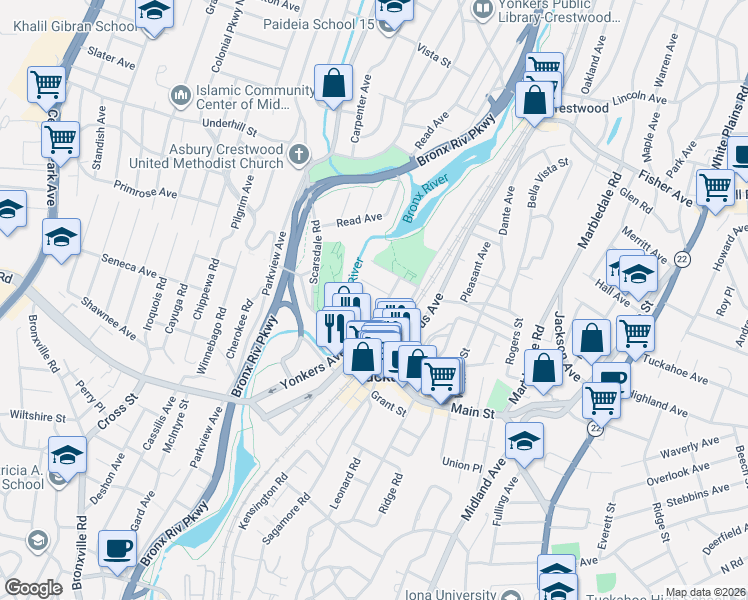 map of restaurants, bars, coffee shops, grocery stores, and more near 1 Rivervue Place in Tuckahoe
