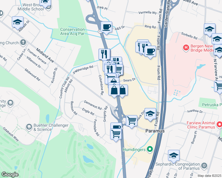 map of restaurants, bars, coffee shops, grocery stores, and more near 469 New Jersey 17 in Paramus