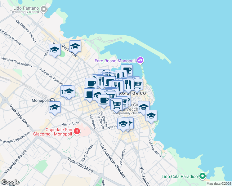 map of restaurants, bars, coffee shops, grocery stores, and more near 14 Via Giovanni Barnaba in Monopoli
