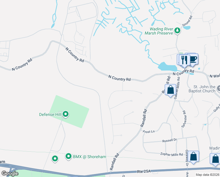 map of restaurants, bars, coffee shops, grocery stores, and more near 30 Long Bow Road in Wading River