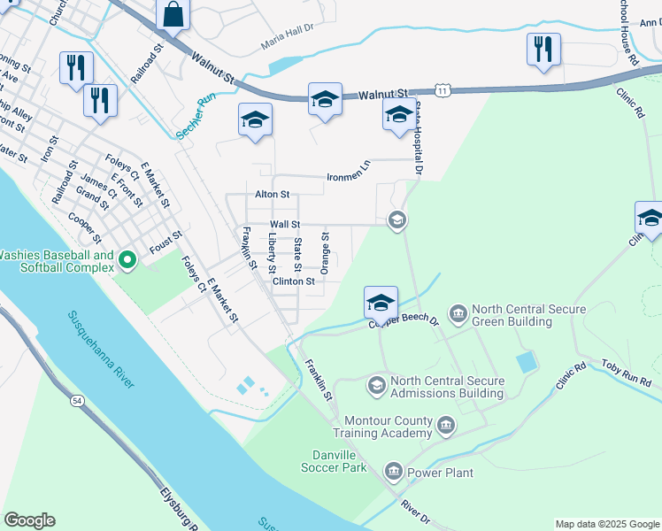 map of restaurants, bars, coffee shops, grocery stores, and more near 654 Orange Street in Danville