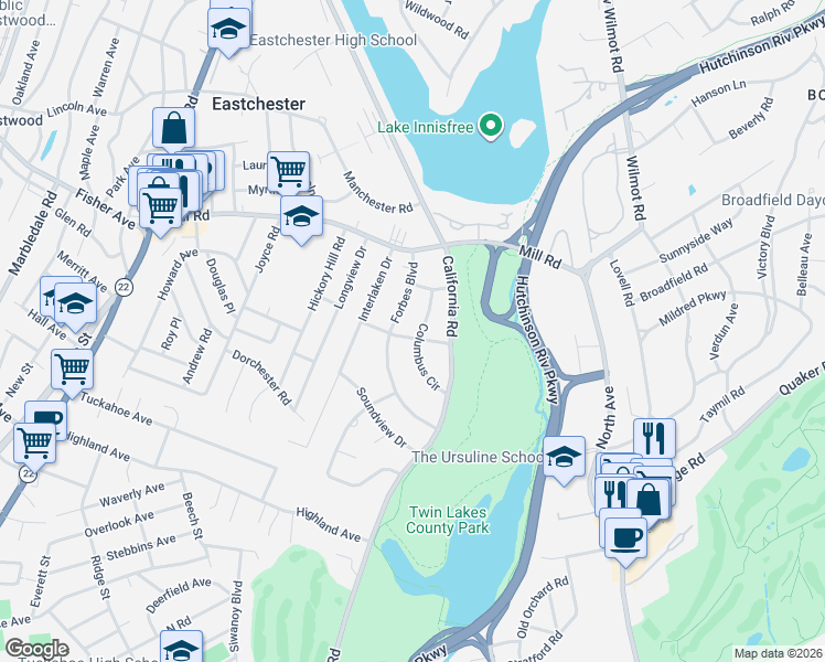 map of restaurants, bars, coffee shops, grocery stores, and more near 7 Columbus Circle in Eastchester