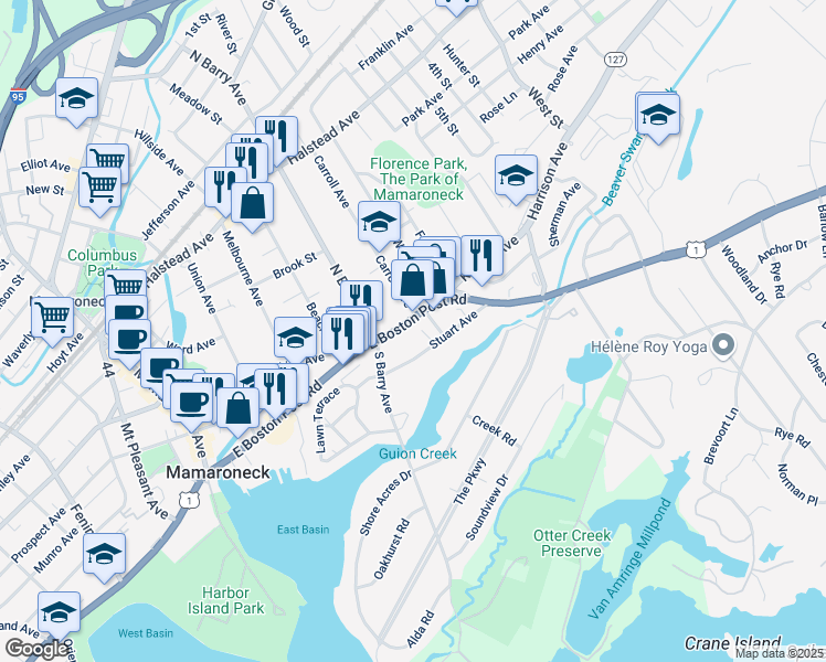 map of restaurants, bars, coffee shops, grocery stores, and more near 767 East Boston Post Road in Mamaroneck