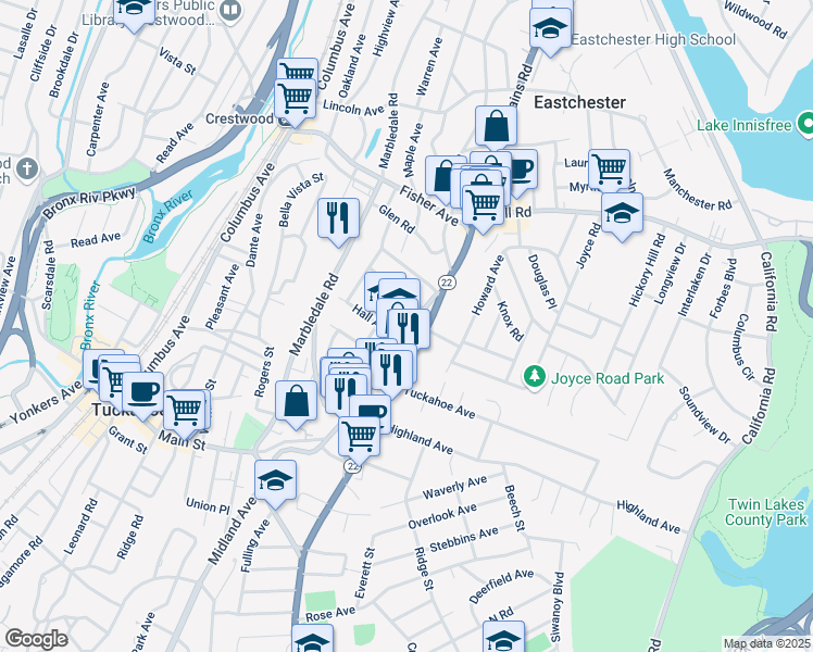map of restaurants, bars, coffee shops, grocery stores, and more near 297 Main Street in Eastchester