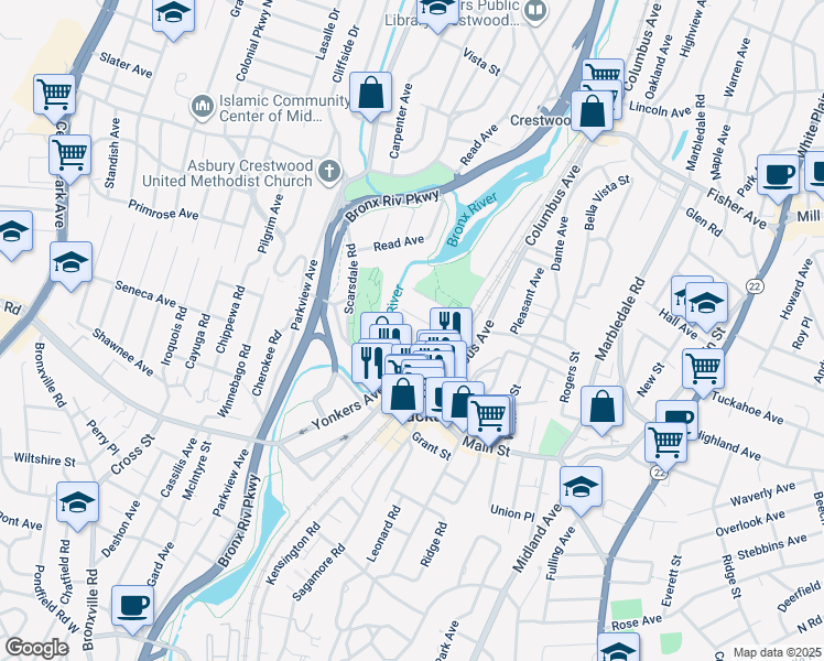 map of restaurants, bars, coffee shops, grocery stores, and more near 1 Rivervue Place in Tuckahoe