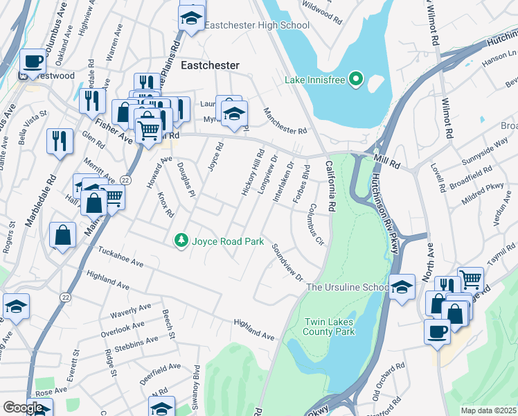 map of restaurants, bars, coffee shops, grocery stores, and more near 18 Interlaken Drive in Eastchester