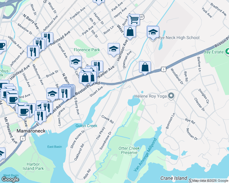 map of restaurants, bars, coffee shops, grocery stores, and more near 1035 Shore Acres Drive in Mamaroneck