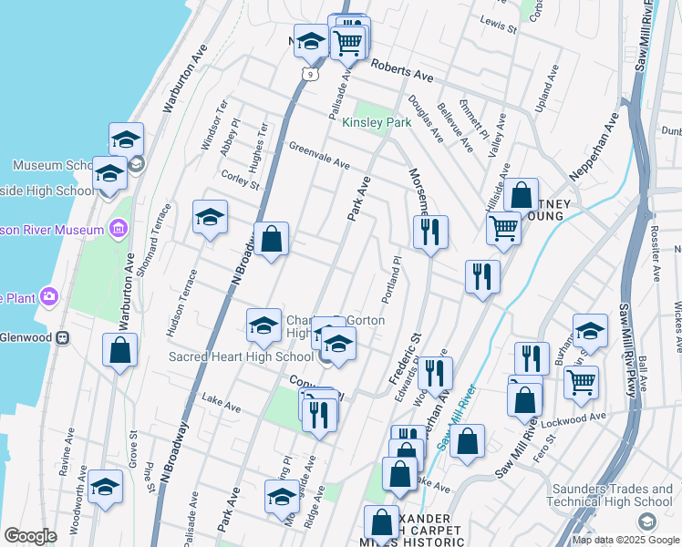 map of restaurants, bars, coffee shops, grocery stores, and more near 40 Belmont Terrace in Yonkers