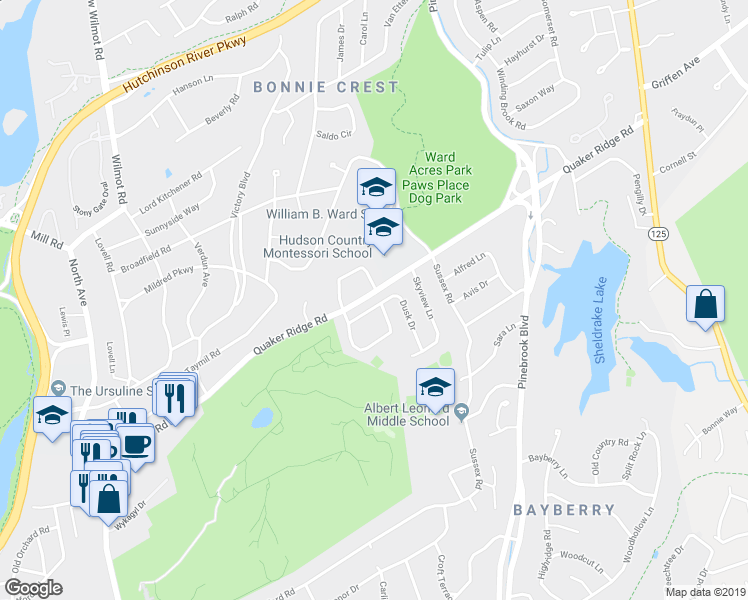map of restaurants, bars, coffee shops, grocery stores, and more near 44 Dusk Drive in New Rochelle