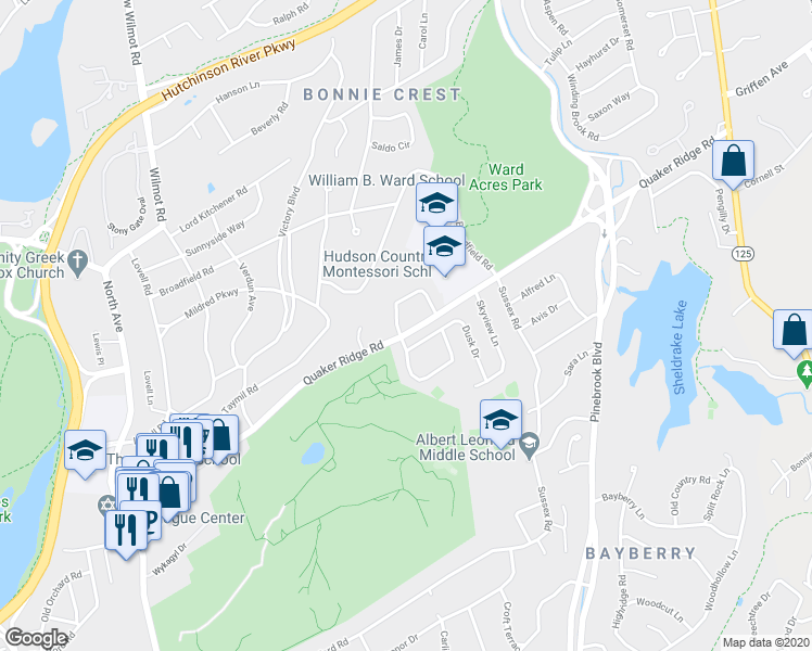 map of restaurants, bars, coffee shops, grocery stores, and more near 1 Pamela Lane in New Rochelle
