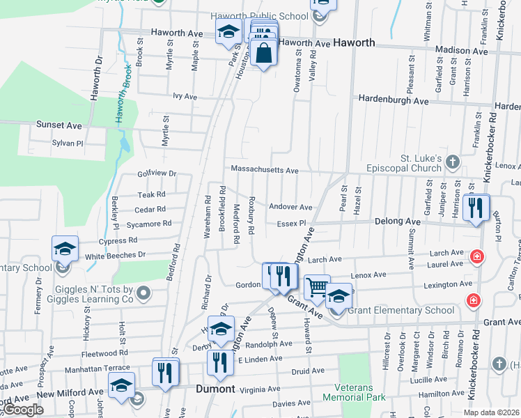 map of restaurants, bars, coffee shops, grocery stores, and more near 79 Andover Avenue in Dumont