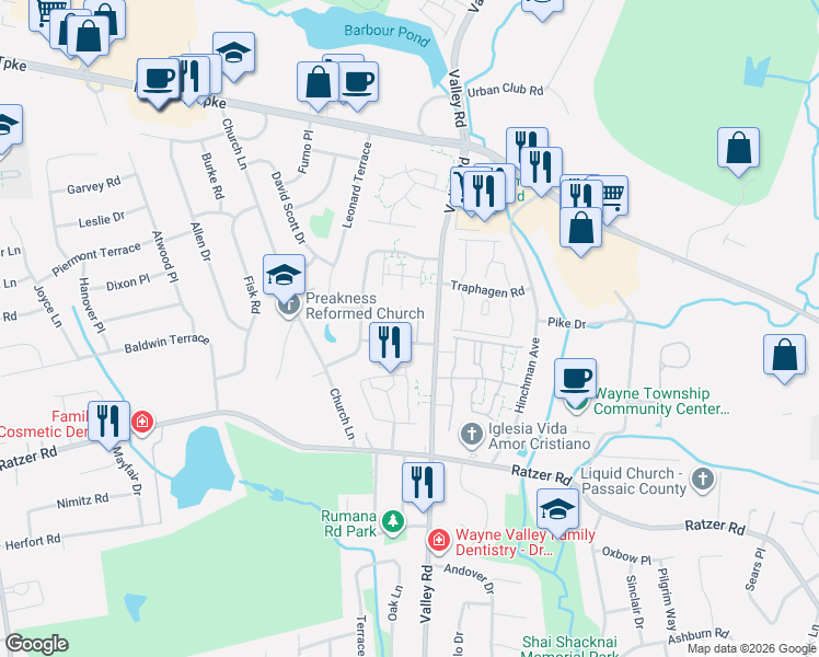 map of restaurants, bars, coffee shops, grocery stores, and more near 24 Salisbury Road in Wayne