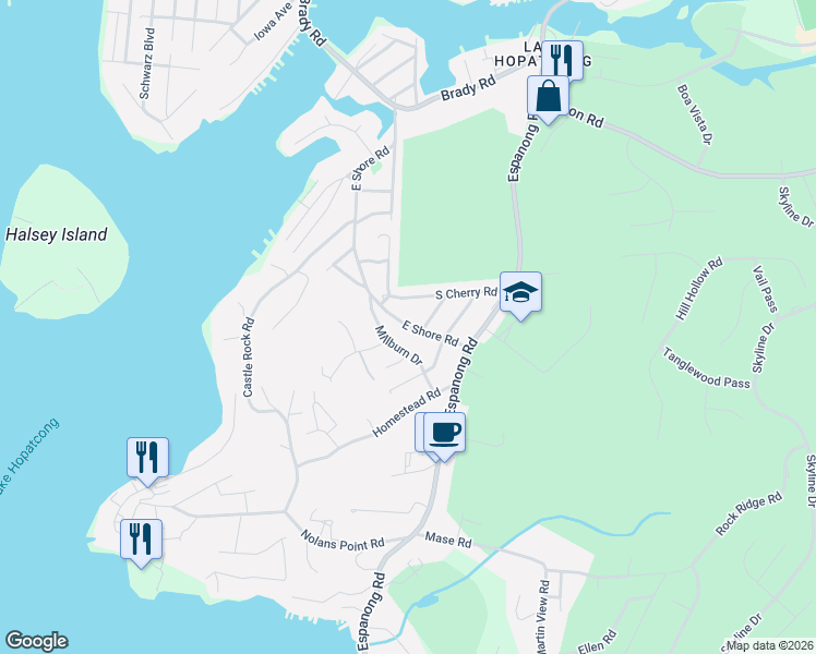 map of restaurants, bars, coffee shops, grocery stores, and more near 25 East Shore Road in Jefferson