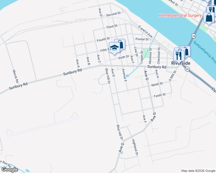 map of restaurants, bars, coffee shops, grocery stores, and more near 701-899 Avenue D in Danville