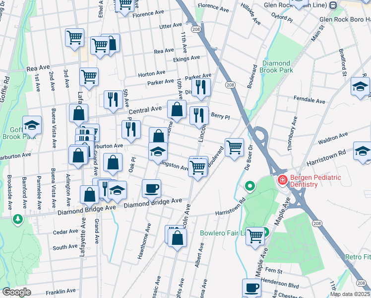 map of restaurants, bars, coffee shops, grocery stores, and more near 110 Mawhinney Avenue in Hawthorne