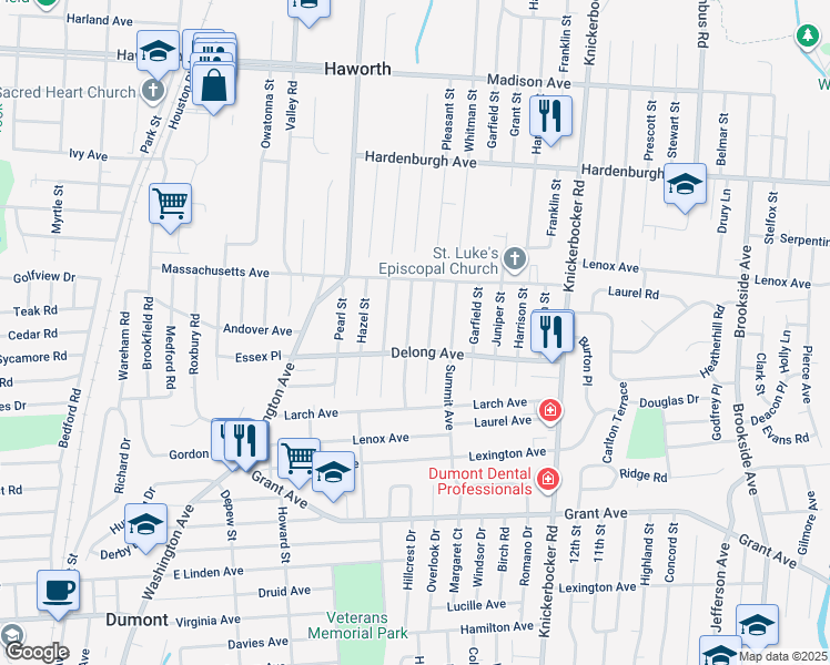 map of restaurants, bars, coffee shops, grocery stores, and more near 67 Beacon Street in Dumont