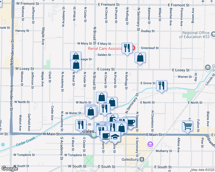 map of restaurants, bars, coffee shops, grocery stores, and more near 471 North Cherry Street in Galesburg