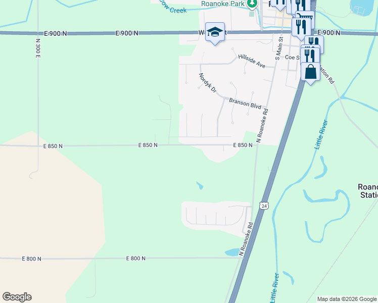 map of restaurants, bars, coffee shops, grocery stores, and more near 3701 East 850 North in Roanoke