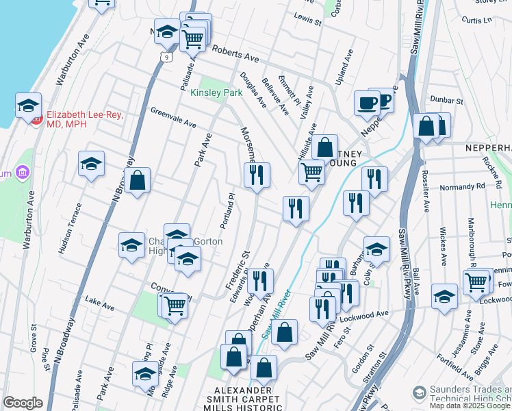 map of restaurants, bars, coffee shops, grocery stores, and more near 180 Montague Street in Yonkers