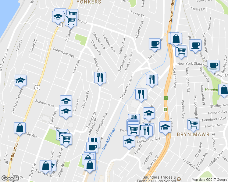 map of restaurants, bars, coffee shops, grocery stores, and more near 117 Morsemere Terrace in Yonkers