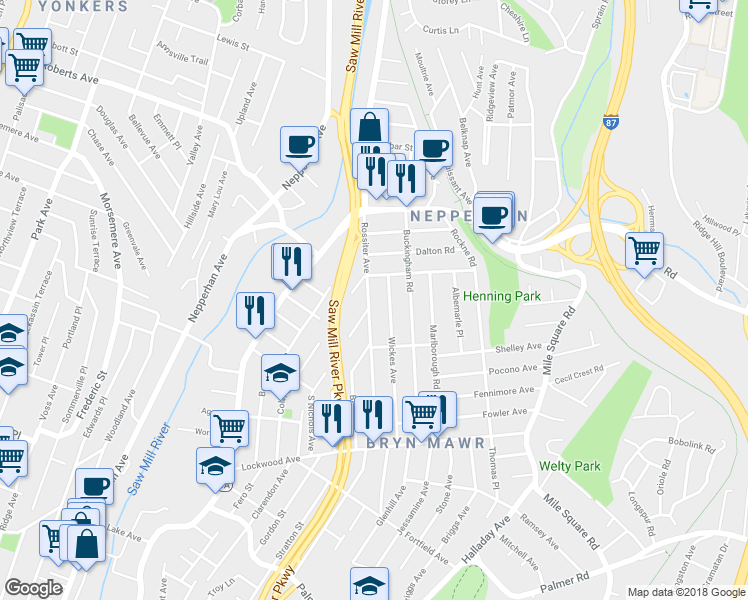 map of restaurants, bars, coffee shops, grocery stores, and more near 134 Rossiter Avenue in Yonkers