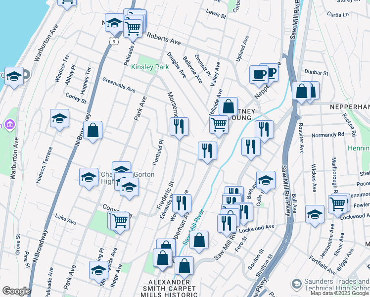 map of restaurants, bars, coffee shops, grocery stores, and more near 51 Montague Street in Yonkers