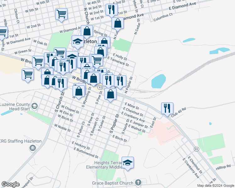 map of restaurants, bars, coffee shops, grocery stores, and more near 236 East Broad Street in Hazleton