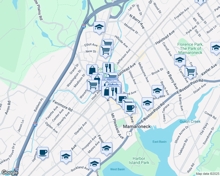 map of restaurants, bars, coffee shops, grocery stores, and more near 73 Howell Avenue in Mamaroneck