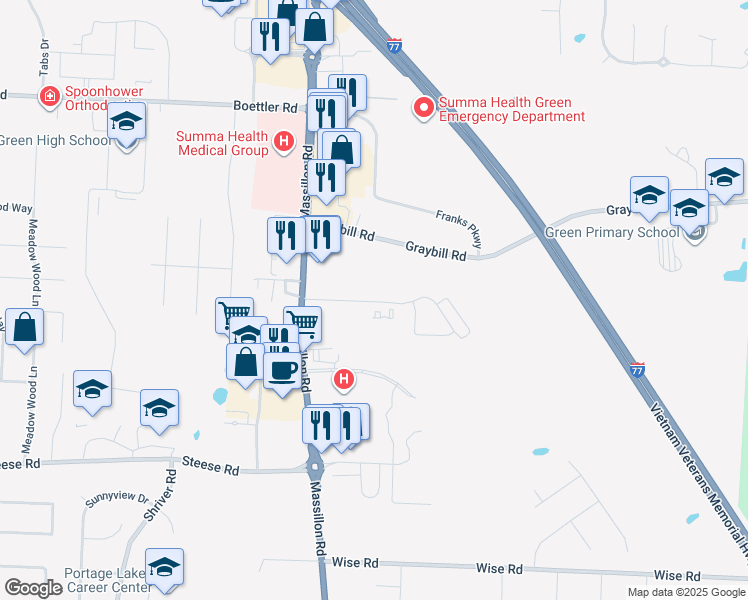 map of restaurants, bars, coffee shops, grocery stores, and more near 1960 Burgess Drive in Uniontown