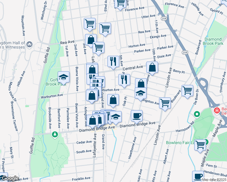 map of restaurants, bars, coffee shops, grocery stores, and more near 108 Forest Avenue in Hawthorne
