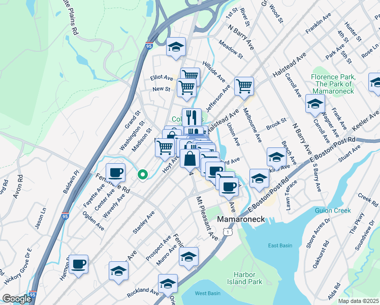 map of restaurants, bars, coffee shops, grocery stores, and more near 73 Howell Avenue in Mamaroneck