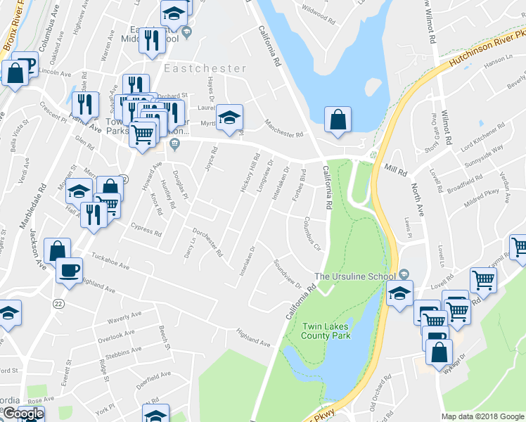 map of restaurants, bars, coffee shops, grocery stores, and more near 18 Interlaken Drive in Eastchester