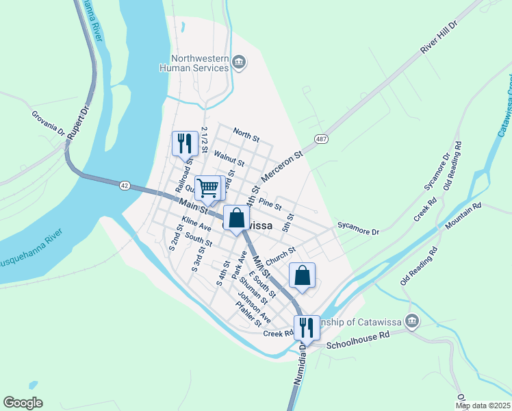map of restaurants, bars, coffee shops, grocery stores, and more near 140 N 4th St in Catawissa