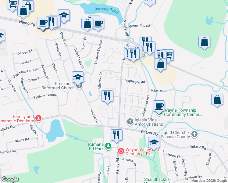 map of restaurants, bars, coffee shops, grocery stores, and more near 24 Salisbury Road in Wayne