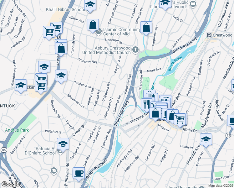 map of restaurants, bars, coffee shops, grocery stores, and more near 130 Colonial Parkway in Yonkers