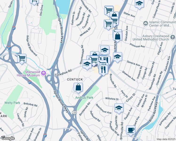 map of restaurants, bars, coffee shops, grocery stores, and more near 5 Ravenswood Road in Yonkers